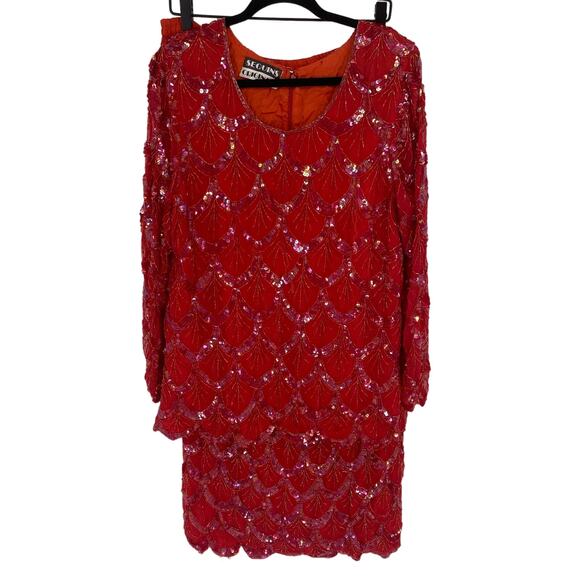 Sequins Tops - VTG 80's Sequins Originals Womens XL 2 Piece Skirt Silk Red Beaded Set Blazer